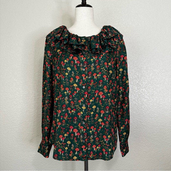 J. Crew Collection 100% Silk-Twill Ruffle Collar Mushroom Floral Top, Sz Medium - Picture 1 of 13
